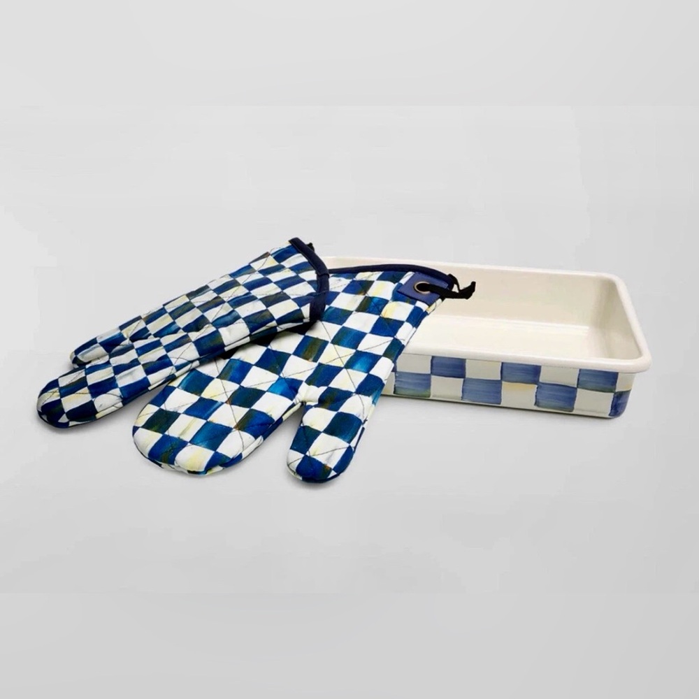 McKenzie Childs royal check design, baking dish with matching Mitts